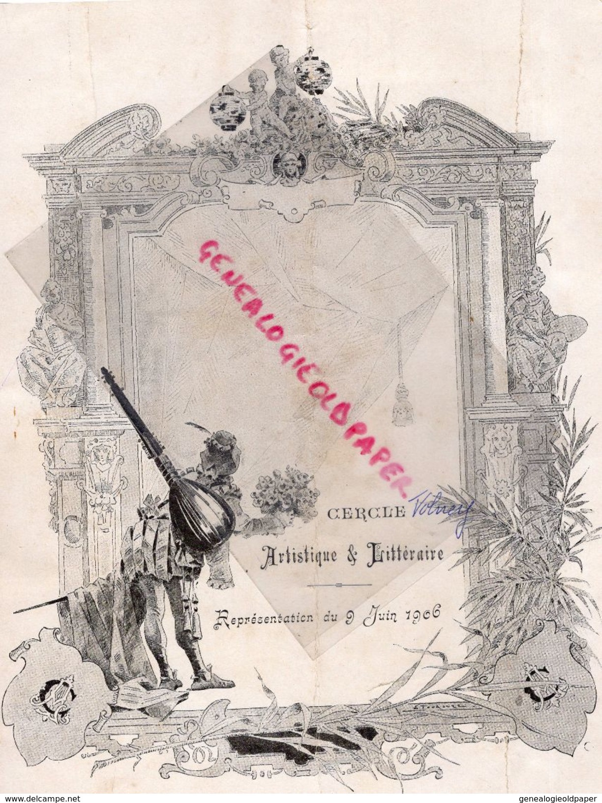 75- PARIS - RARE PROGRAMME CERCLE ARTISTIQUE ET LITTERAIRE RUE VOLNEY-9 JUIN 1906-NE DIVORCONS PAS-DIVORCE-TRAC GENDARME - Programma's