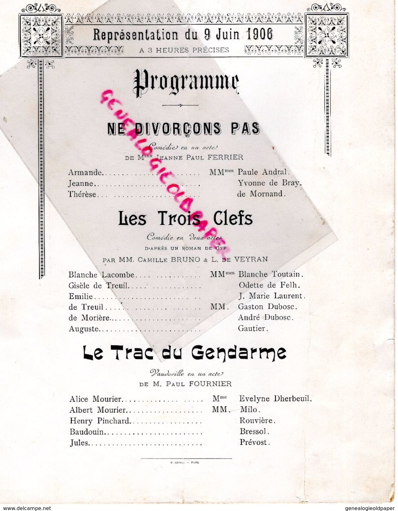 75- PARIS - RARE PROGRAMME CERCLE ARTISTIQUE ET LITTERAIRE RUE VOLNEY-9 JUIN 1906-NE DIVORCONS PAS-DIVORCE-TRAC GENDARME - Programas