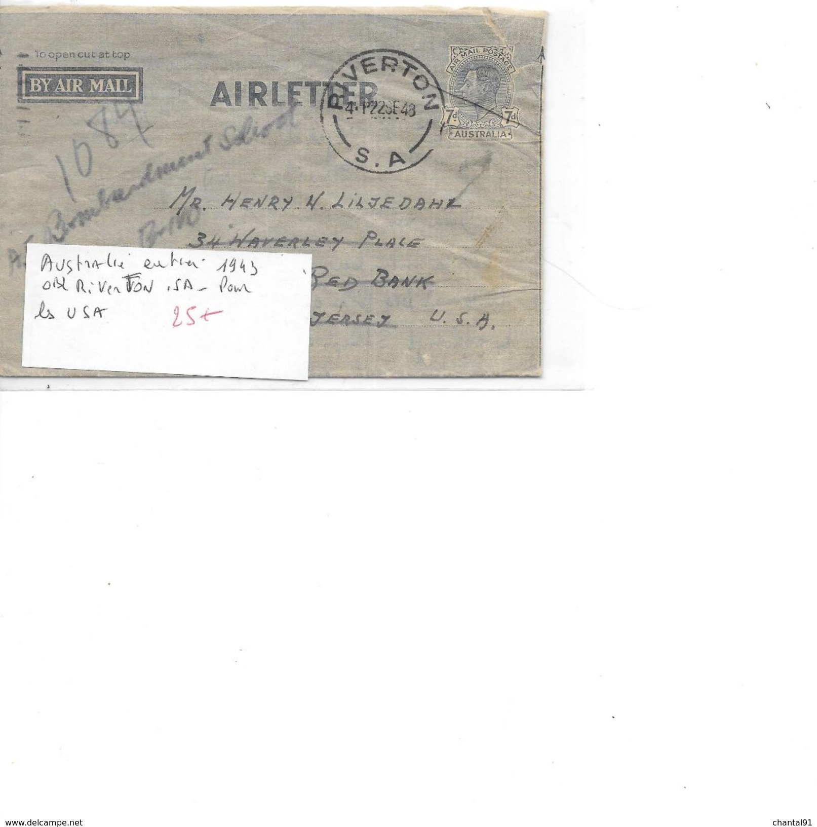 AUSTRALIE ENTIER 1943 OBL RIVERTON USA - Marcophilie