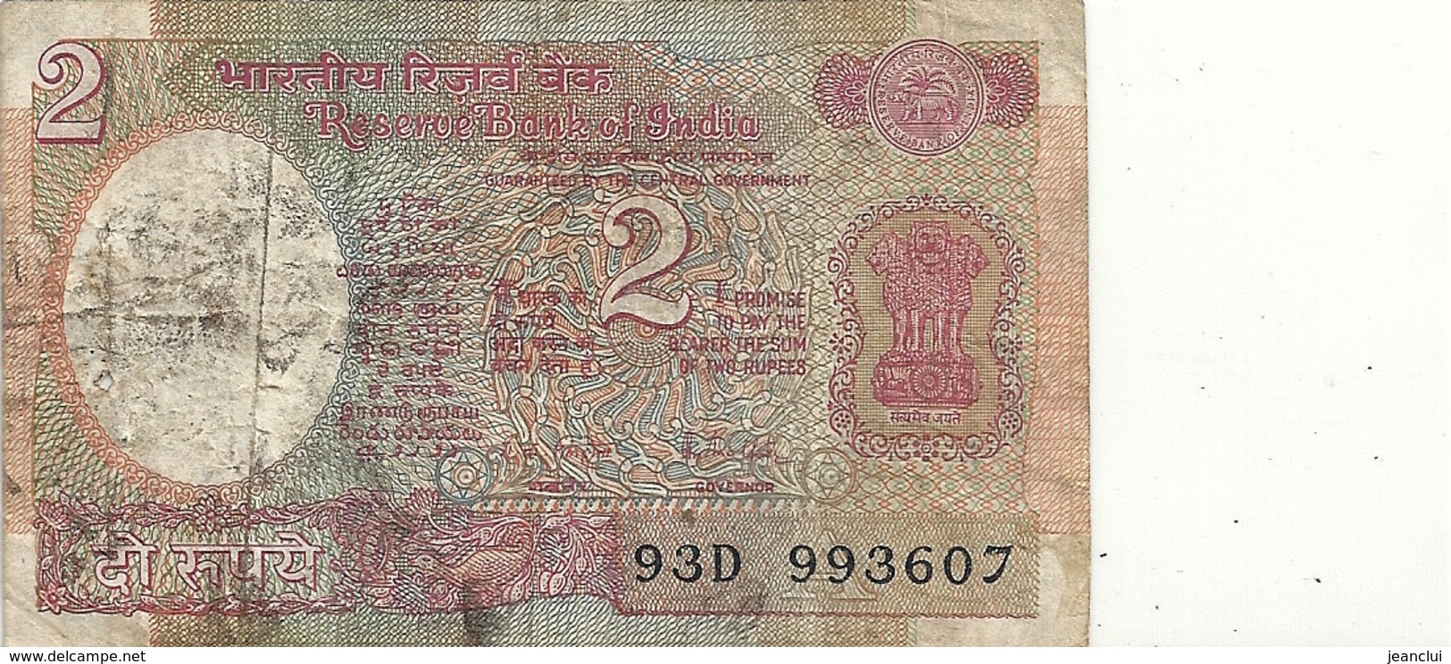 RESERVE BANK OF INDIA - 2 RUPPEES . N° 93D 993607  - 2 SCANES - Inde