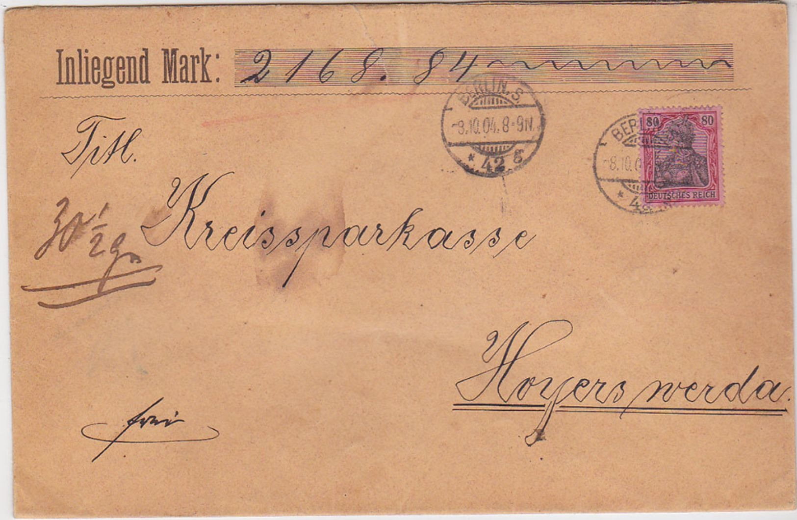 GERMANY 1904 (8.10.) CHARGE COVER BERLIN (cpl.seals) Mi 77 TO HOYERSWERDA - Other & Unclassified