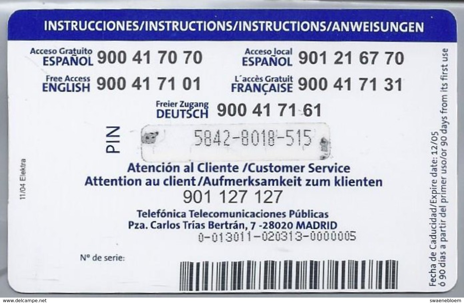 ES.- Telefonica. 5 € PENINSULA Y BALEARES. TARJETA MULTIDESTINO DE TTP. CANARIAS. CEUTA. MELILLA -. 2 Scans - Telefonica