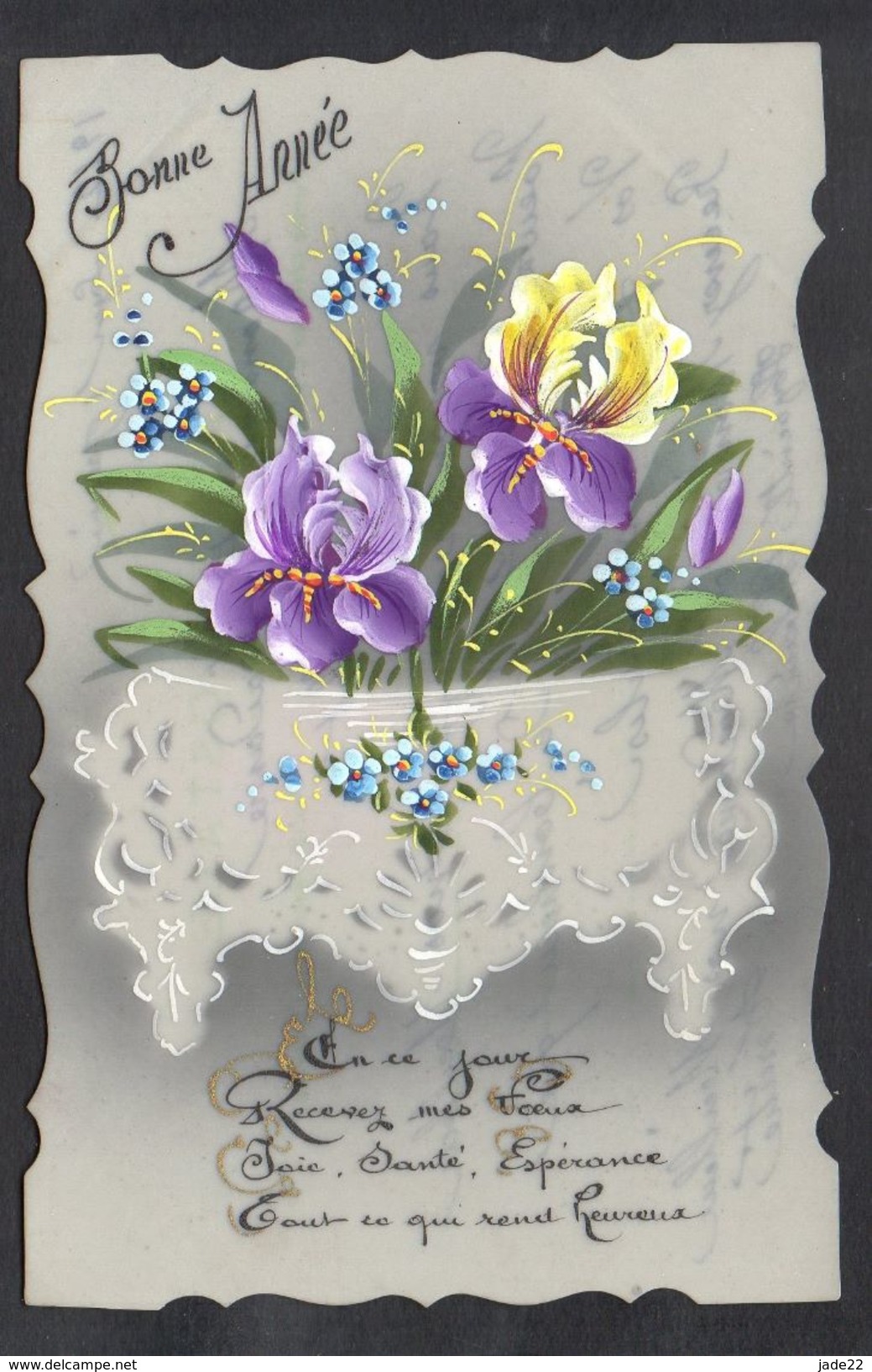 JOLIE CPA FANTAISIE CELLULOID DENTELEE - Art Nouveau Déco - 1912 - Iris Pourpre - Peinte à La Main - Bonne Année -#566 - Año Nuevo