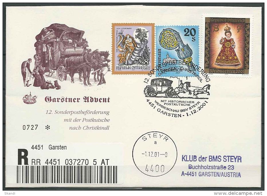 12. Sonderpostbeförderung Mit Der Postkutsche Nach Christkindl 2001 - Faltbrief - Garstner Adventmarkt - Briefe U. Dokumente