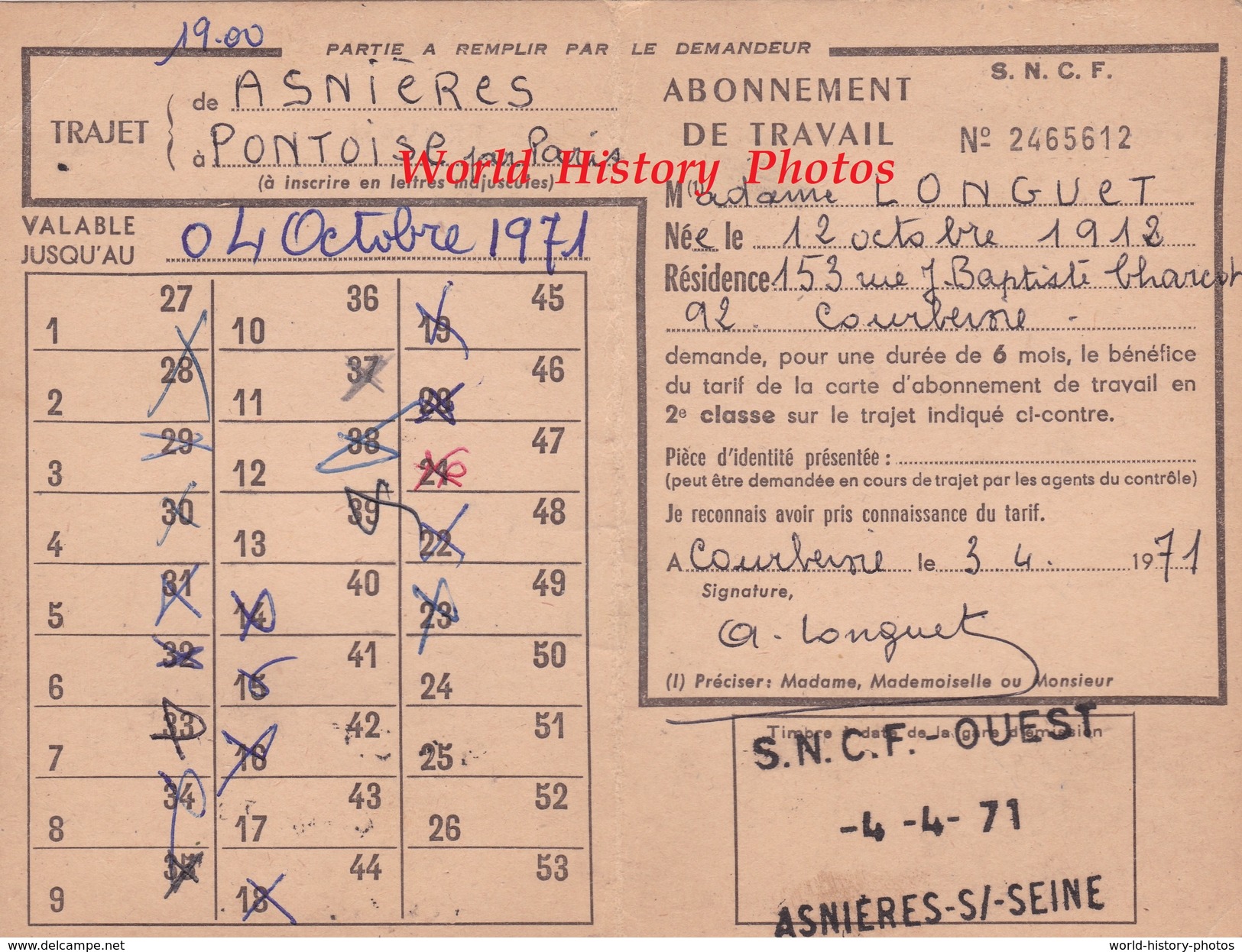 Document Ancien - Abonnement De Travail SNCF - Caché OUEST , Asnieres Sur Seine - 1971 - Attestation Patronale Pointoise - Sonstige & Ohne Zuordnung