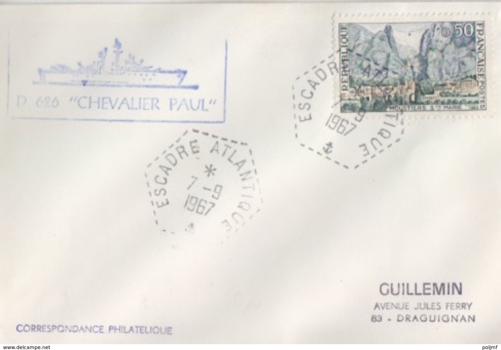 D 626 Chevalier Paul, Cachet Hexagonal Escadre Atlantique 7/9/67 - Naval Post