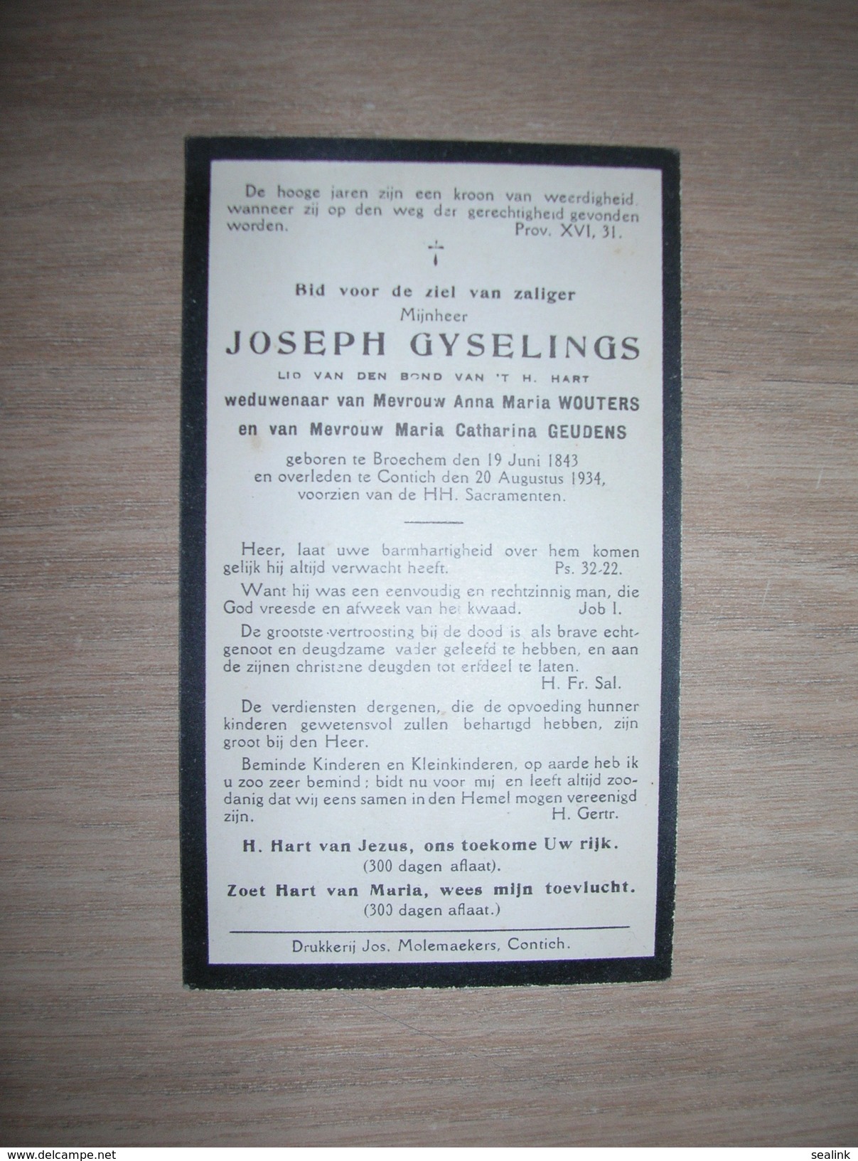 Bidprentje Joseph Gyselings (Broechem 1843-Kontich 1934)xWouters;Geudens - Santini