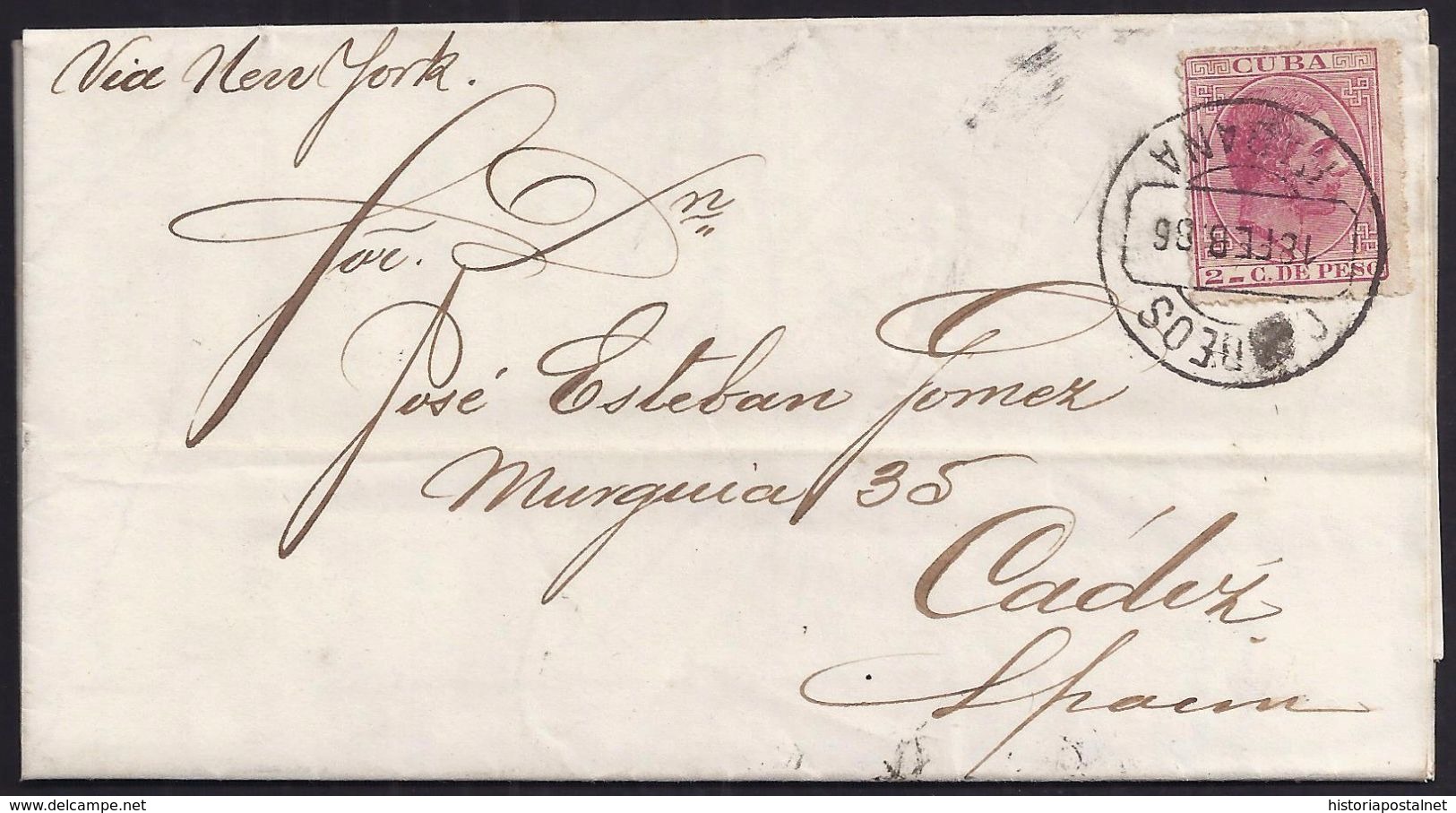 1886. 2 CTS. RED ON PRINTED MATTER RATE FROM HABANA TO CADIZ. RR. DELUXE. - Otros & Sin Clasificación