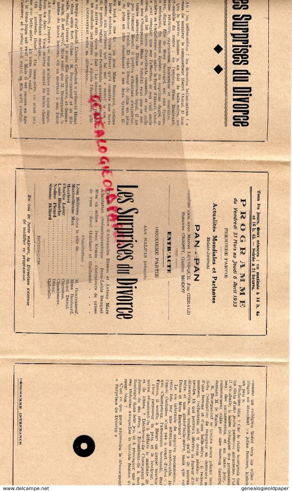 33- BORDEAUX- RARE PROGRAMME CINEMA INTENDANCE-SURPRISES DU DIVORCE-6 AVRIL 1933-LEON BELIERES-BISSON MARS-BOUQUET - Programmi