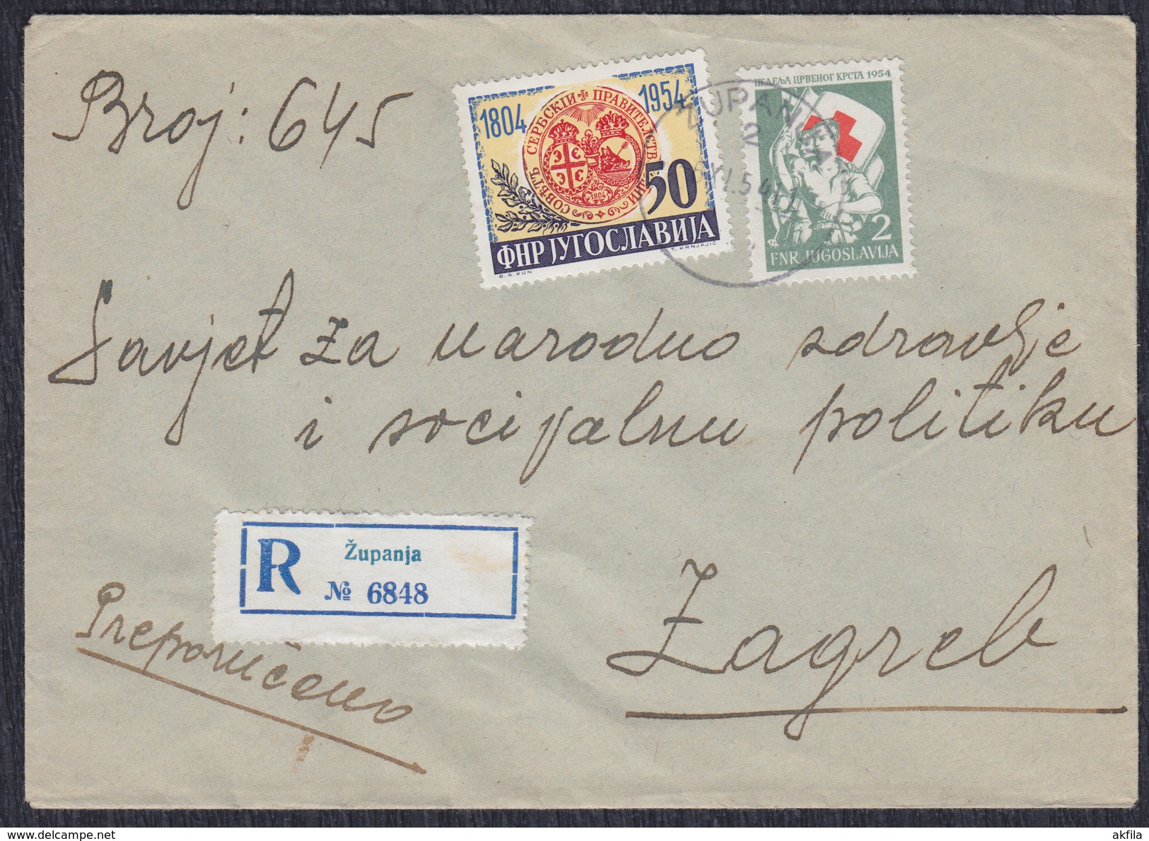 Yugoslavia 1954 Registered Letter With Red Cross Surcharge Stamp Sent From Zupanja To Zagreb - Lettres & Documents