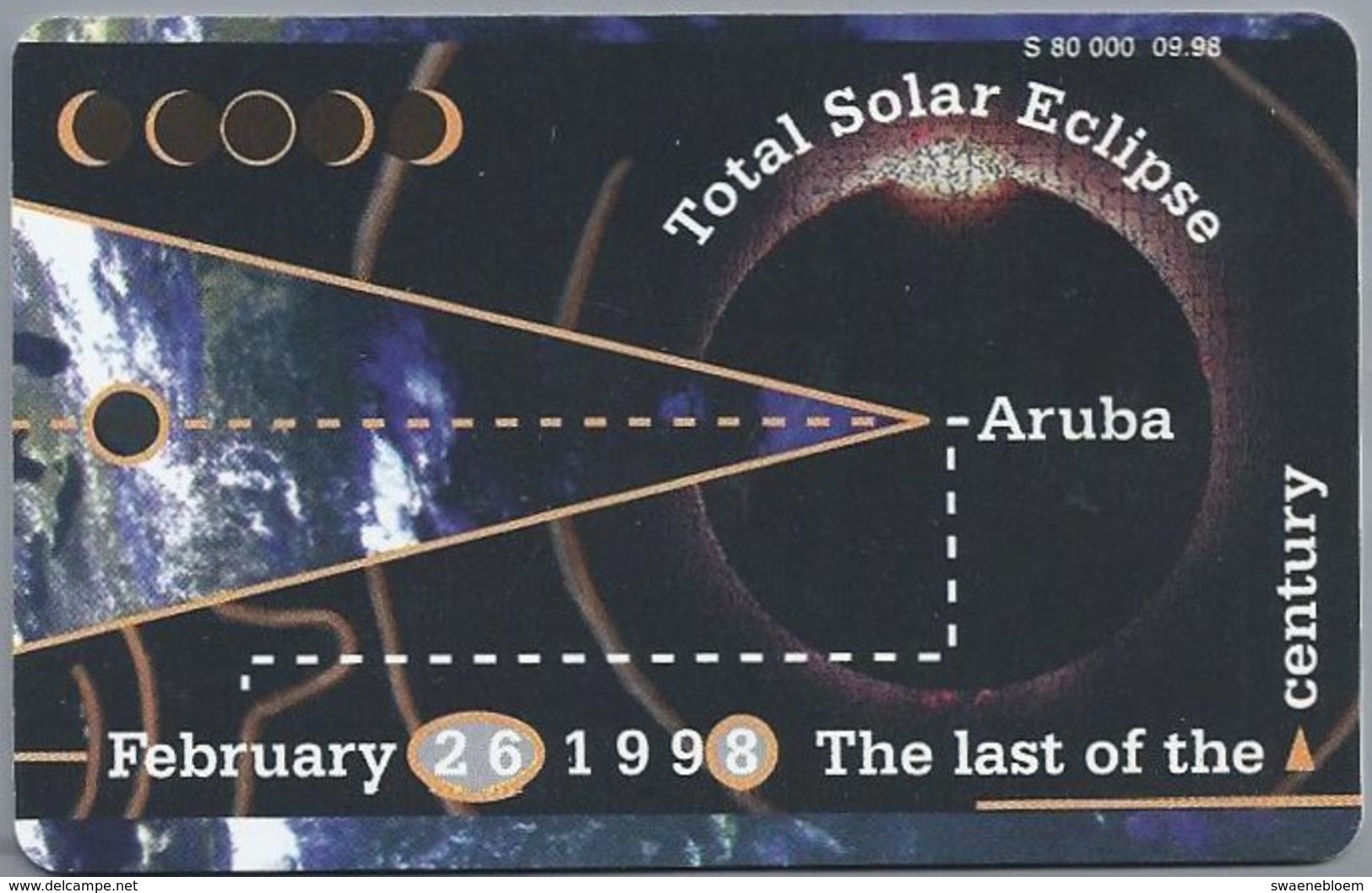 Telefoonkaart. Setarnet. The Last Of The Century. Total Solar Eclipse . Aruba - February 26, 1998. 60 Units. 2 Scans - Aruba