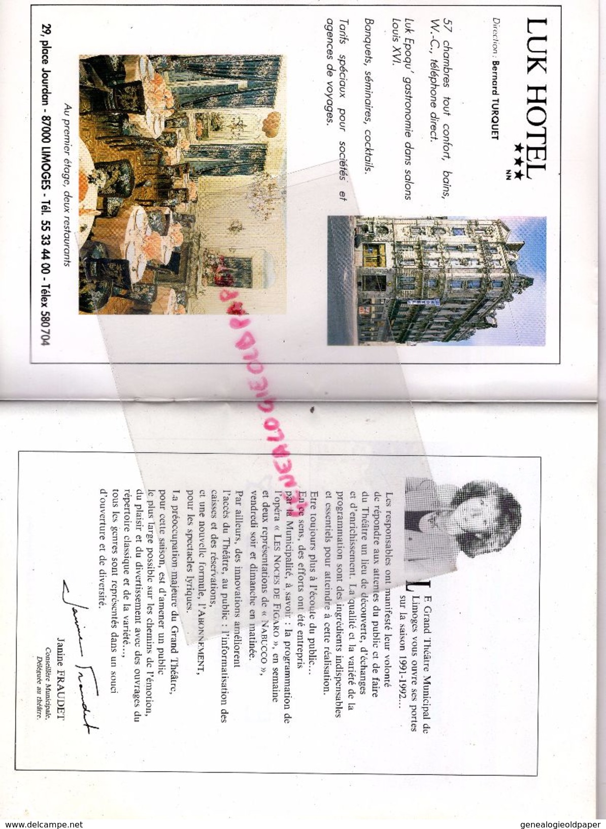 87- LIMOGES- PROGRAMME GRAND THEATRE MUNICIPAL-SAISON 1991-1992-NOCES FIGARO-MOZART-NABUCCO VERDI-LUK HOTEL-LA MASCOTTE - Programs