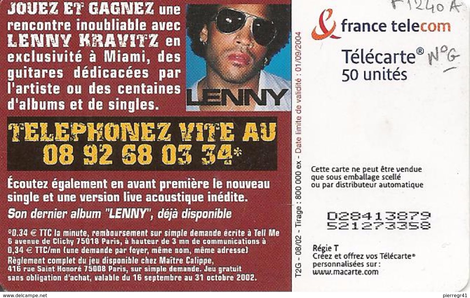 TC-PUBLIC°-F1240A-50U-OB2-08/02-LENNY KRAVITZ-V° N°Gras-UTILISE-TBE - 2002