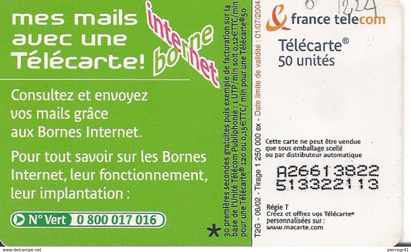 CARTE°PUBLIC-50U-F1224-SO3-06/02-BORNE INTERNET-MAILS--UTILISE-TBE- - 2002