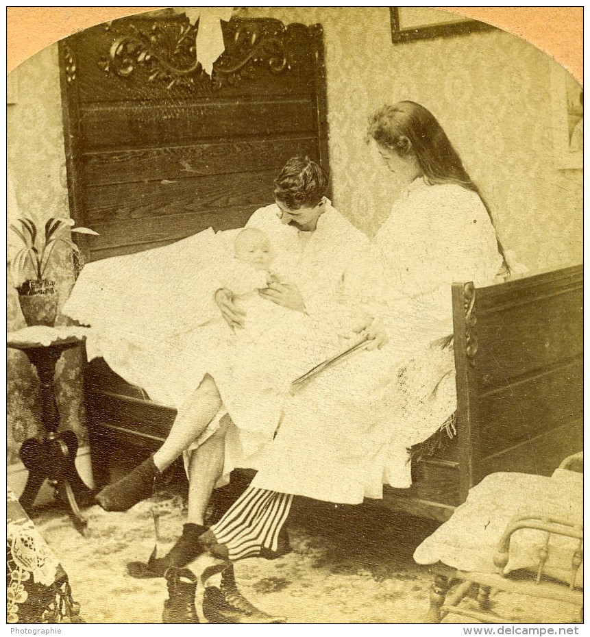 USA Scene De Genre Couple Et Nouveau Ne Bebe Ancienne Photo Stereo Kilburn 1897 - Stereoscopic