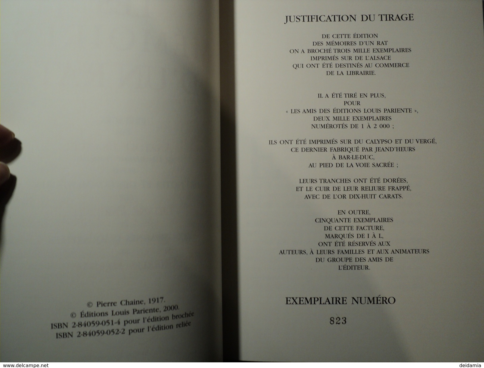 LES MEMOIRES D UN RAT. 2000. NUMEROTE 823 TRANCHE DOREE EDITIONS LOUIS PARIENTE. PIERRE CHAINE. - Guerra 1939-45