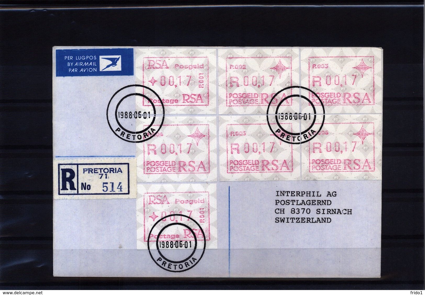 South Africa 1988 Frama Labels Nr.  P.001 - P.006 On Registered Letter To Switzerland - Automatenmarken (Frama)