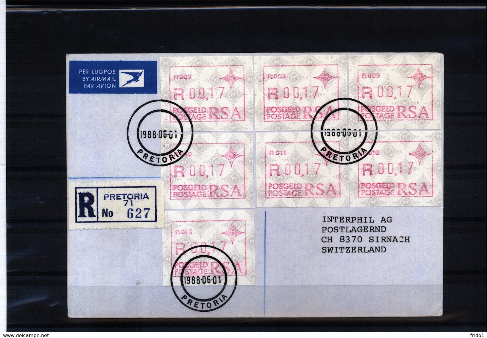 South Africa 1988 Frama Labels Nr.  P.007 - P.013 On Registered Letter To Switzerland - Automatenmarken (Frama)