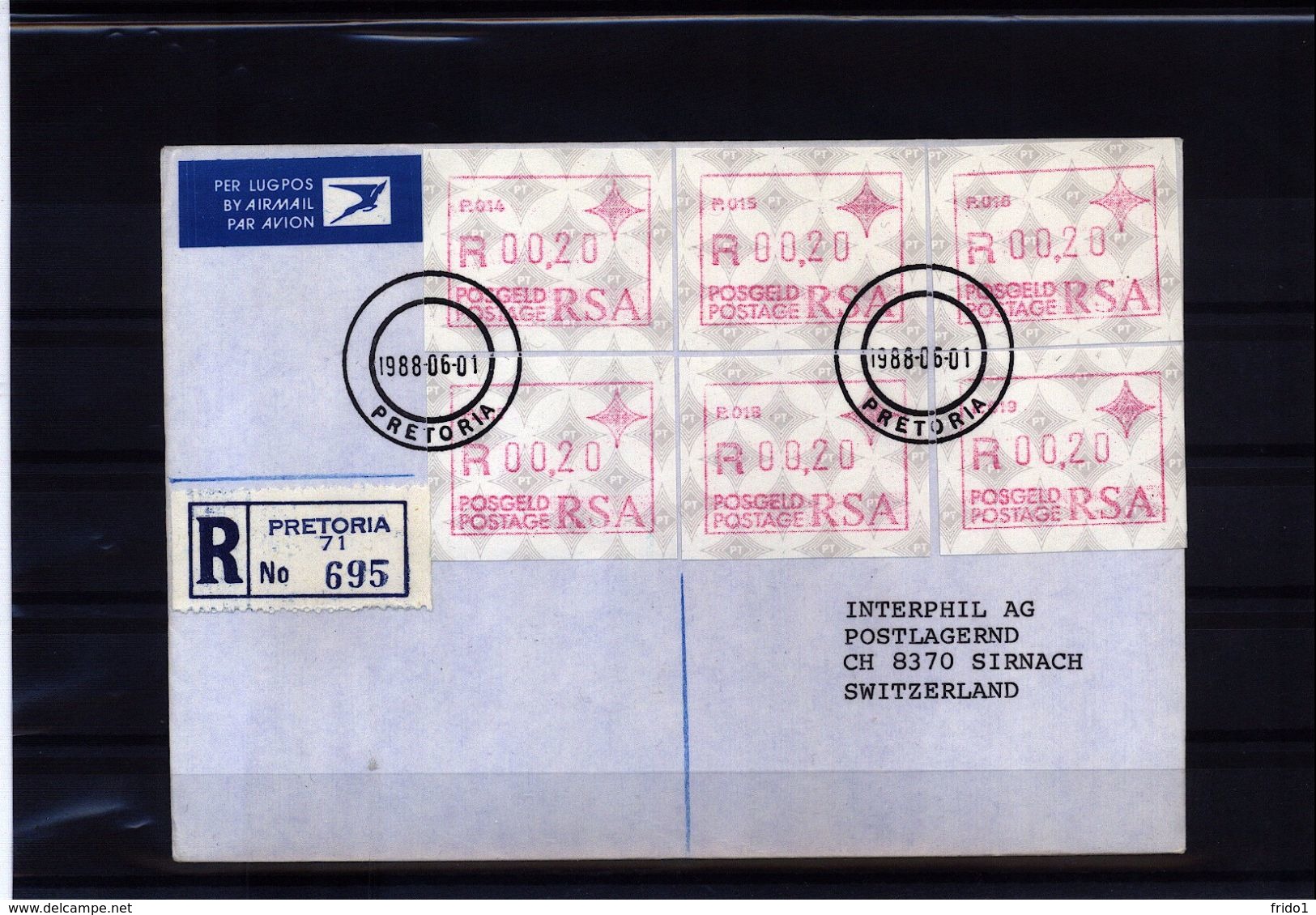 South Africa 1988 Frama Labels Nr.  P.014 - P.019 On Registered Letter To Switzerland - Automatenmarken (Frama)