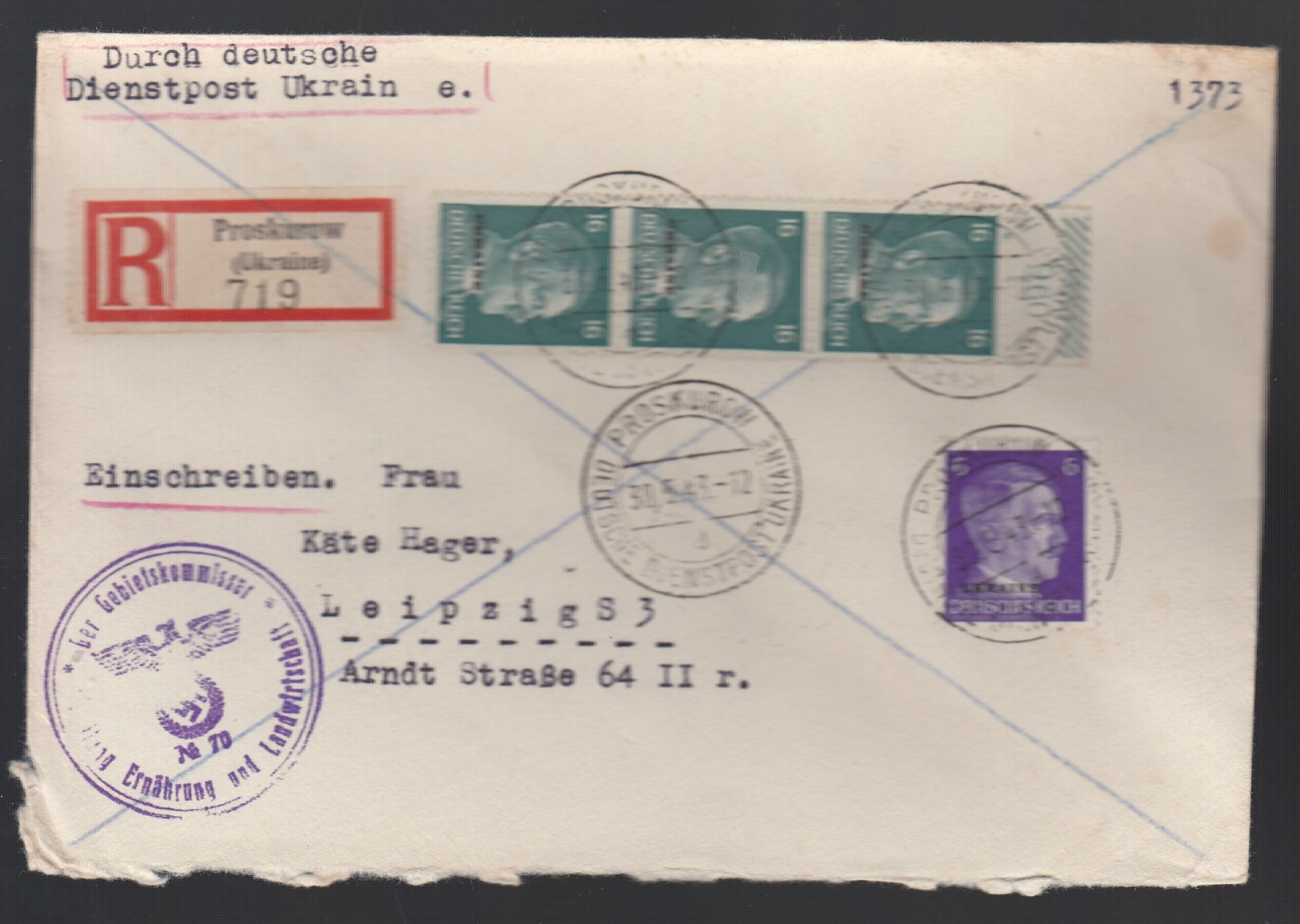 DR Deutsche Dienstpost Ukraine 1943 Proskurow Nach Leipzig K81 - Dienstmarken