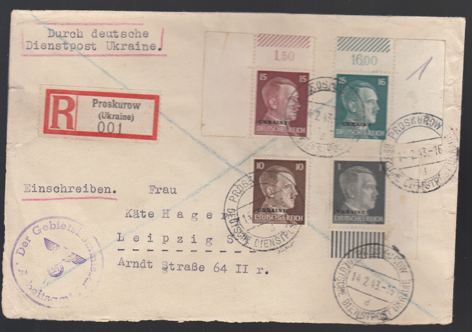 DR Deutsche Dienstpost Ukraine Eckrandstücke 1943 Proskurow Nach Leipzig K83 - Dienstmarken