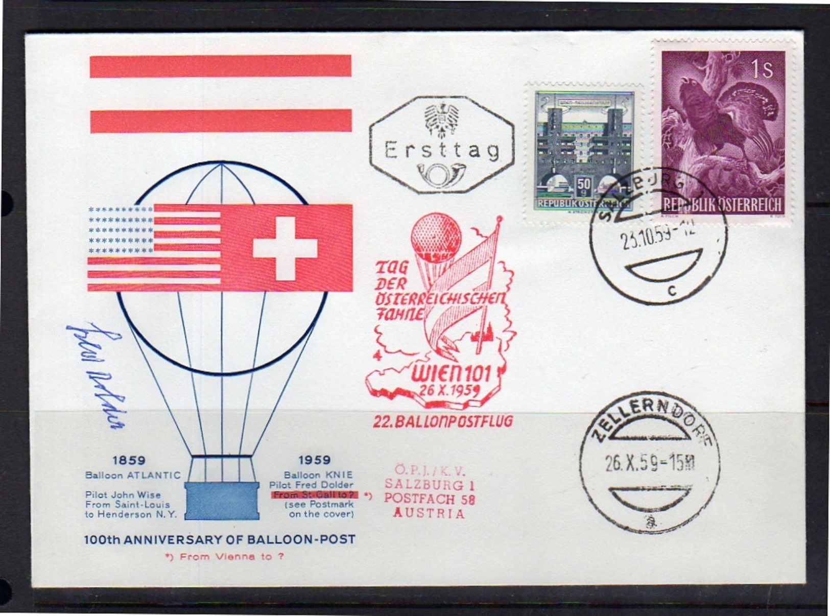 Red Cross EARLY Balloon Floght Signed By Captain FRED DOLDER 1959 (241) - Ungebraucht