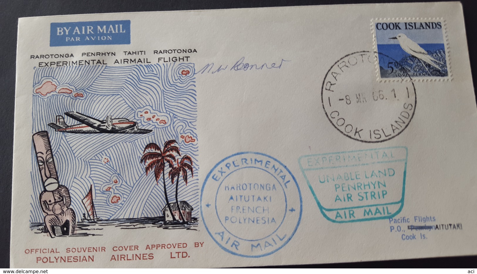 Cook Islands 1966 Experimental Air Mail Rarotonga To Aitutaki ,signed Bonnet,souvenir Cover - Cook Islands