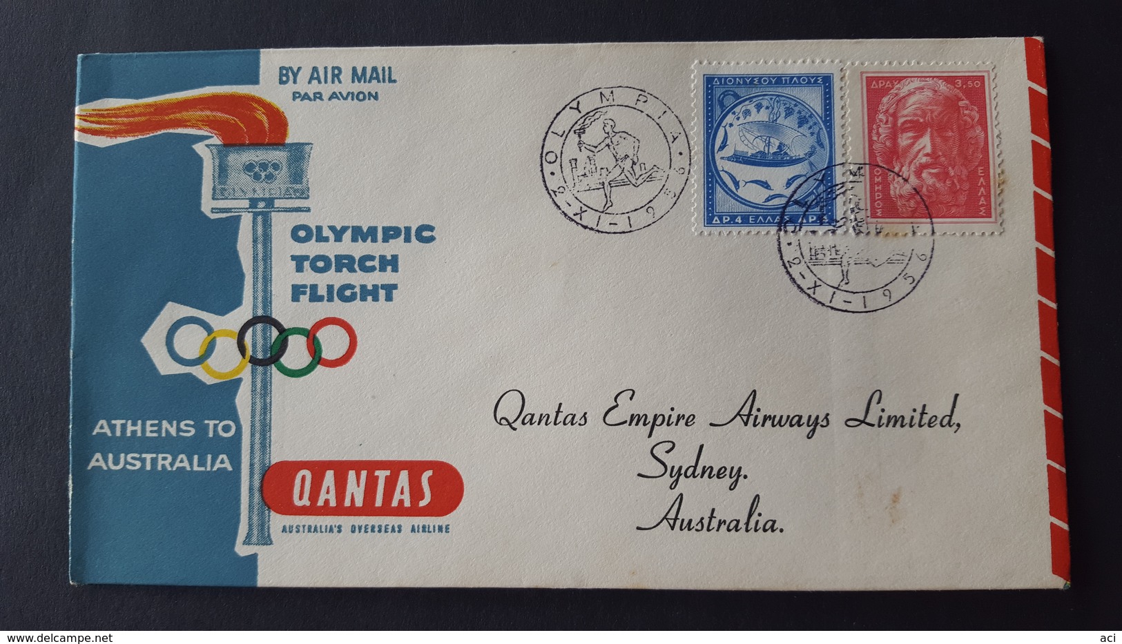 Australia 1956 Qantas Olympic Torch Flight Athens To Australia Souvenir Cover - Premiers Vols