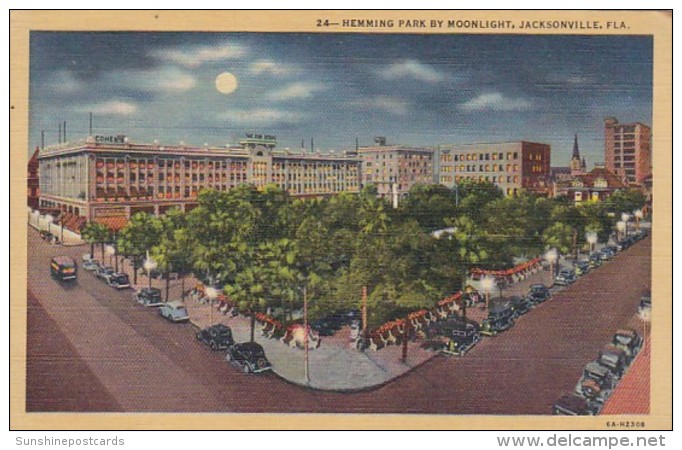 Florida Jacksonville Hemming Park By Moonlight Curteich - Jacksonville