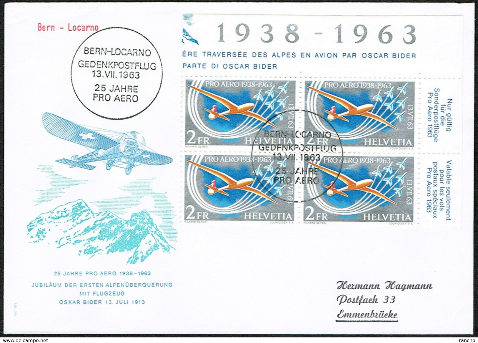 FDC PRO AERO LA SERIE BLOC DE 4 1963 C/DES TIMBRES SUISSES Nr:F46. Y&TELLIER Nr:45. MICHEL Nr:780. - FDC