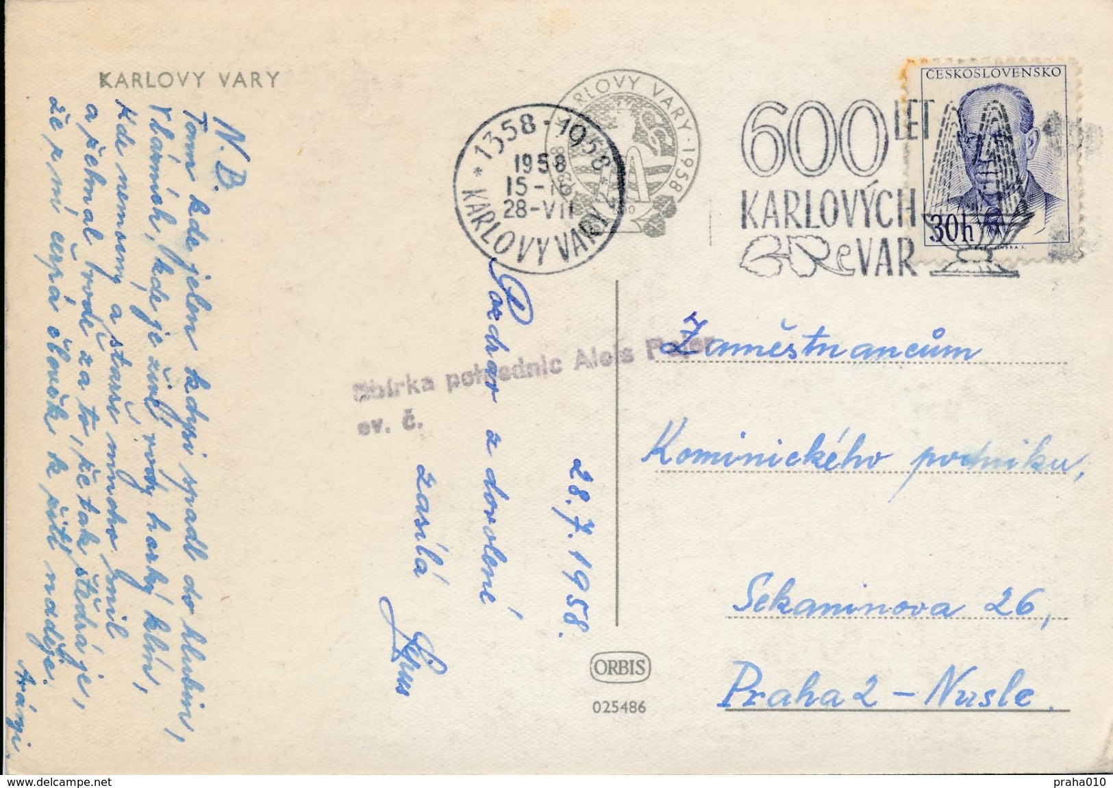 M0652 - Czechoslovakia (1958) Karlovy Vary 2 1358-1958: 600 Years Karlovy Vary (spring); Machine Postmark (postcard) - Termalismo