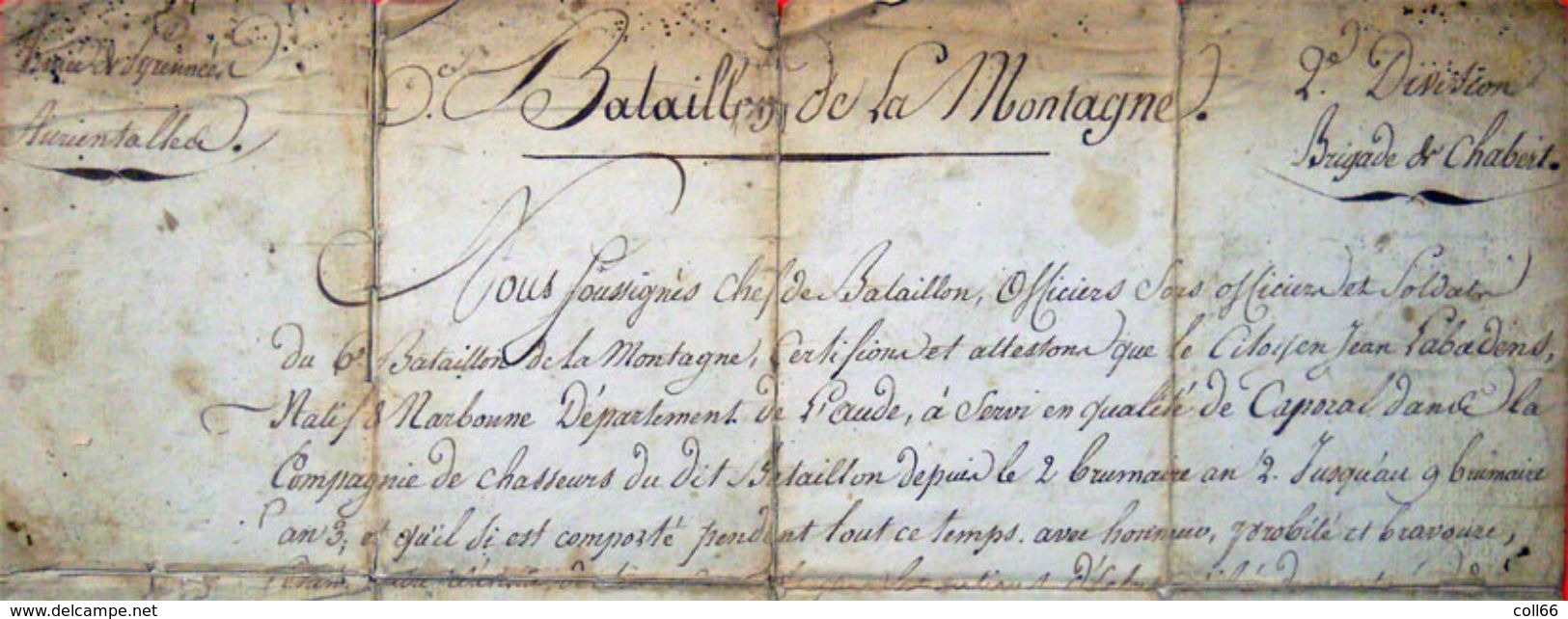 1793-4 Armée Des Pyrénées Orientales Bataillon De Montagne Catalunya Révolution Caporal Prise Fort Bellegarde Le Perthus - Historical Documents