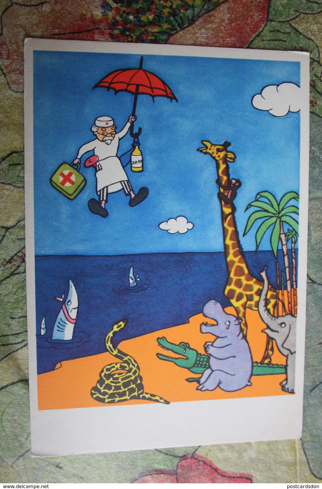 Old USSR Postcard. "Doctor Doolittle". Hippo - Elephant- . 1962 - Hippopotamuses