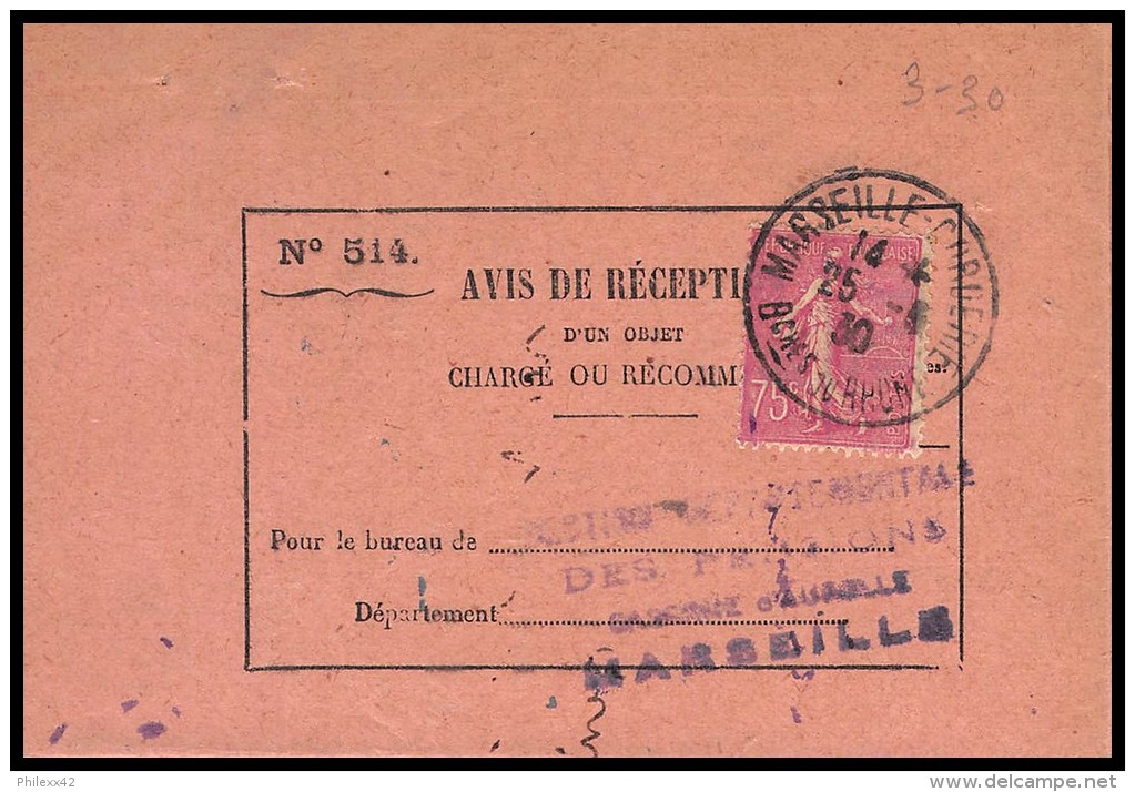 10126 Lettre Cover Avis De Réception Bouches Du Rhone N°202 Semeuse 1930 Marseille Boulevard De La Corderie - 1921-1960: Modern Period