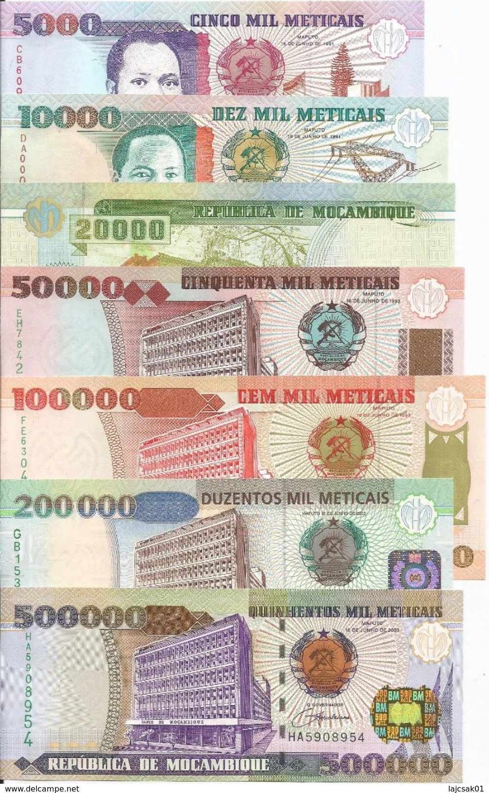 Mozambique 1991-2003. 5000 - 10.000 - 20.000 - 50.000 - 100.000 - 200.000 - 500.000 Meticais UNC - Mozambique