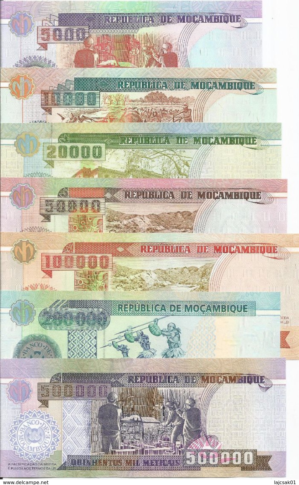 Mozambique 1991-2003. 5000 - 10.000 - 20.000 - 50.000 - 100.000 - 200.000 - 500.000 Meticais UNC - Mozambique