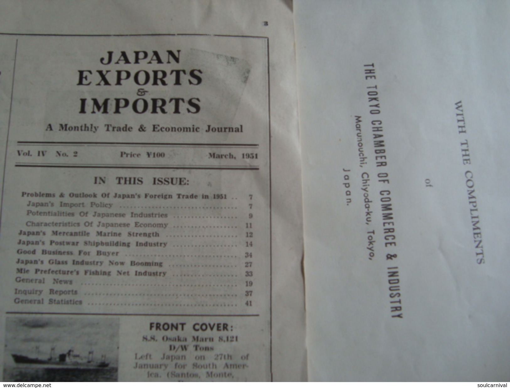 JAPAN EXPORTS & IMPORTS (VOL. IV, NO. 2, 1951). 48 PAGES. COMPLIMENT CARD LETTER. - Other & Unclassified