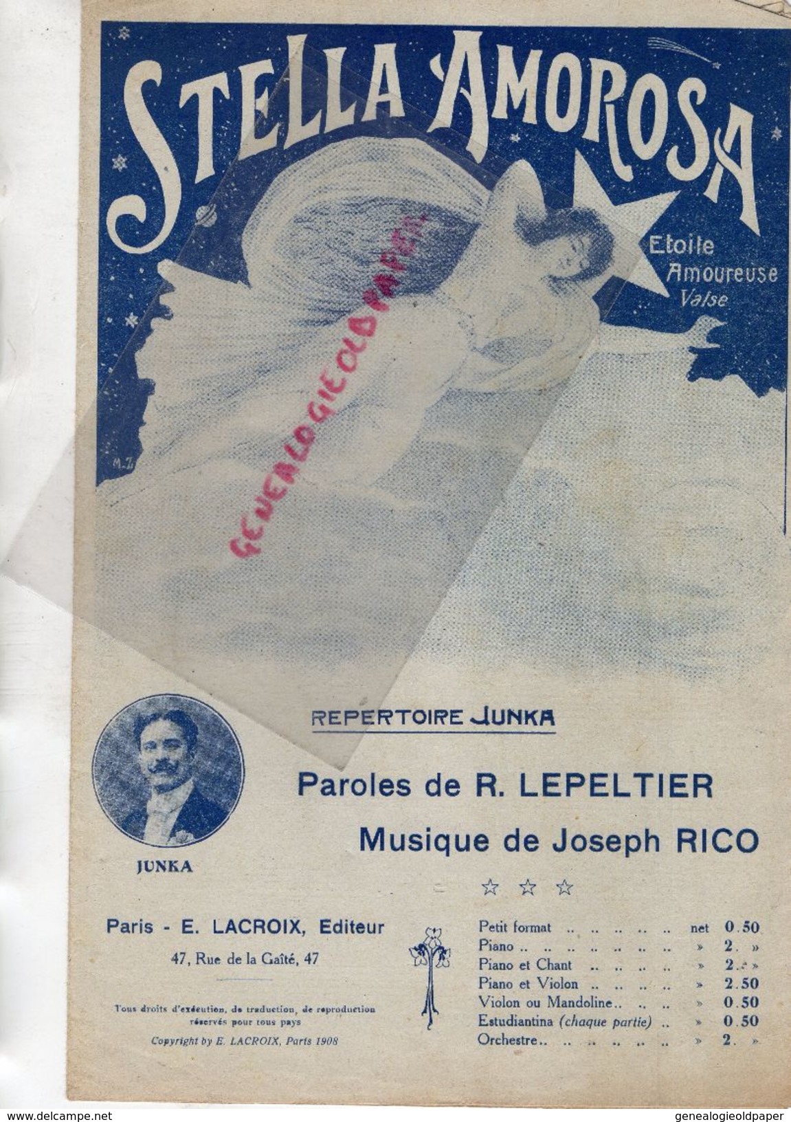 PARTITION MUSIQUE-STELLA AMOROSA-ETOILE AMOUREUSE-JUNKA- R. LEPELTIER-JOSEPH RICO-PARIS- EDITEUR E. LACROIX-1908 - Partituras