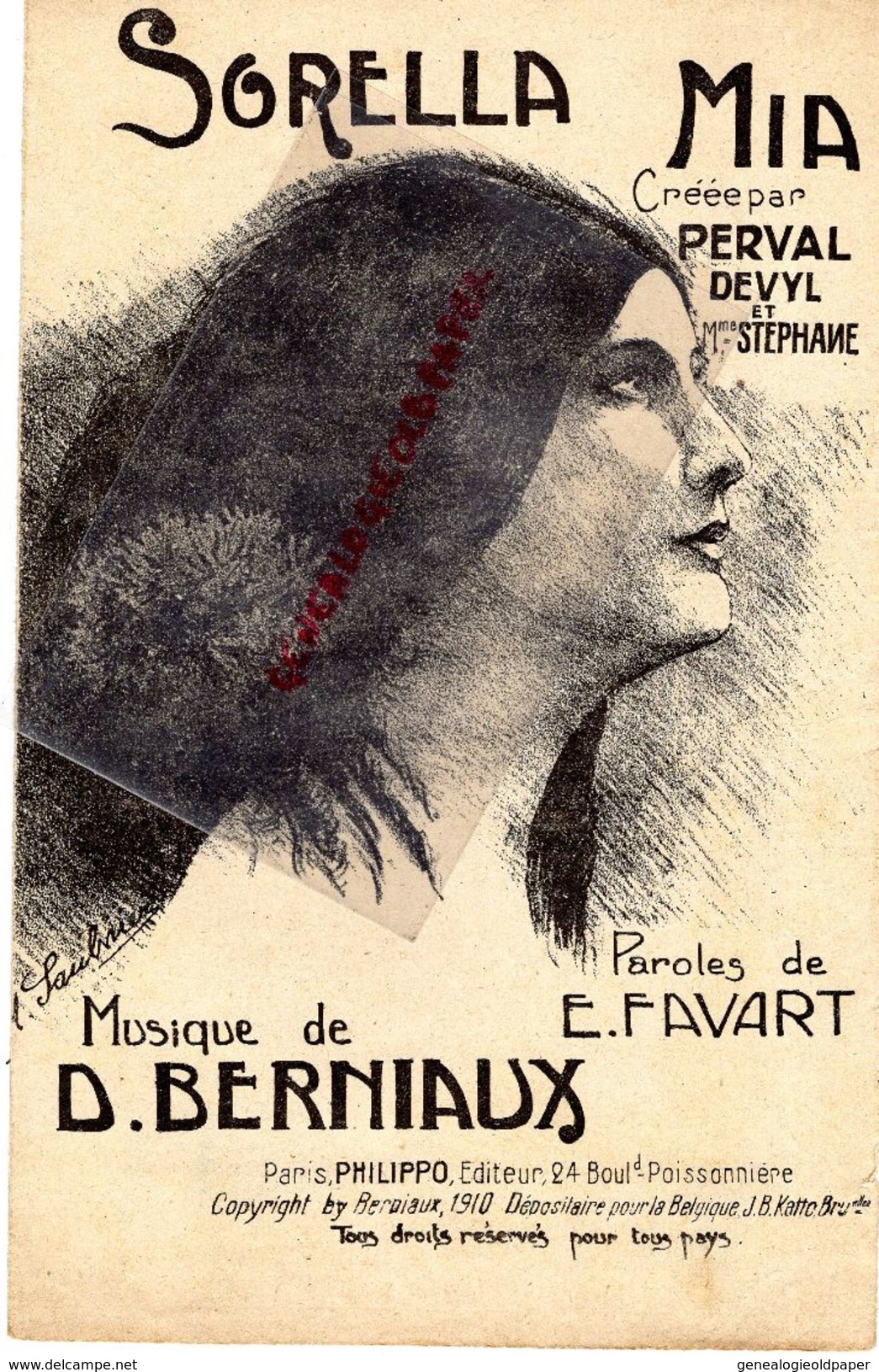 PARTITION MUSIQUE-SORELLA MIA-PERVAL DEVYL MME STEPHANE- D. BERNIAUX-E. FAVART-PARIS EDITEUR PHILIPPO  1910 - Noten & Partituren