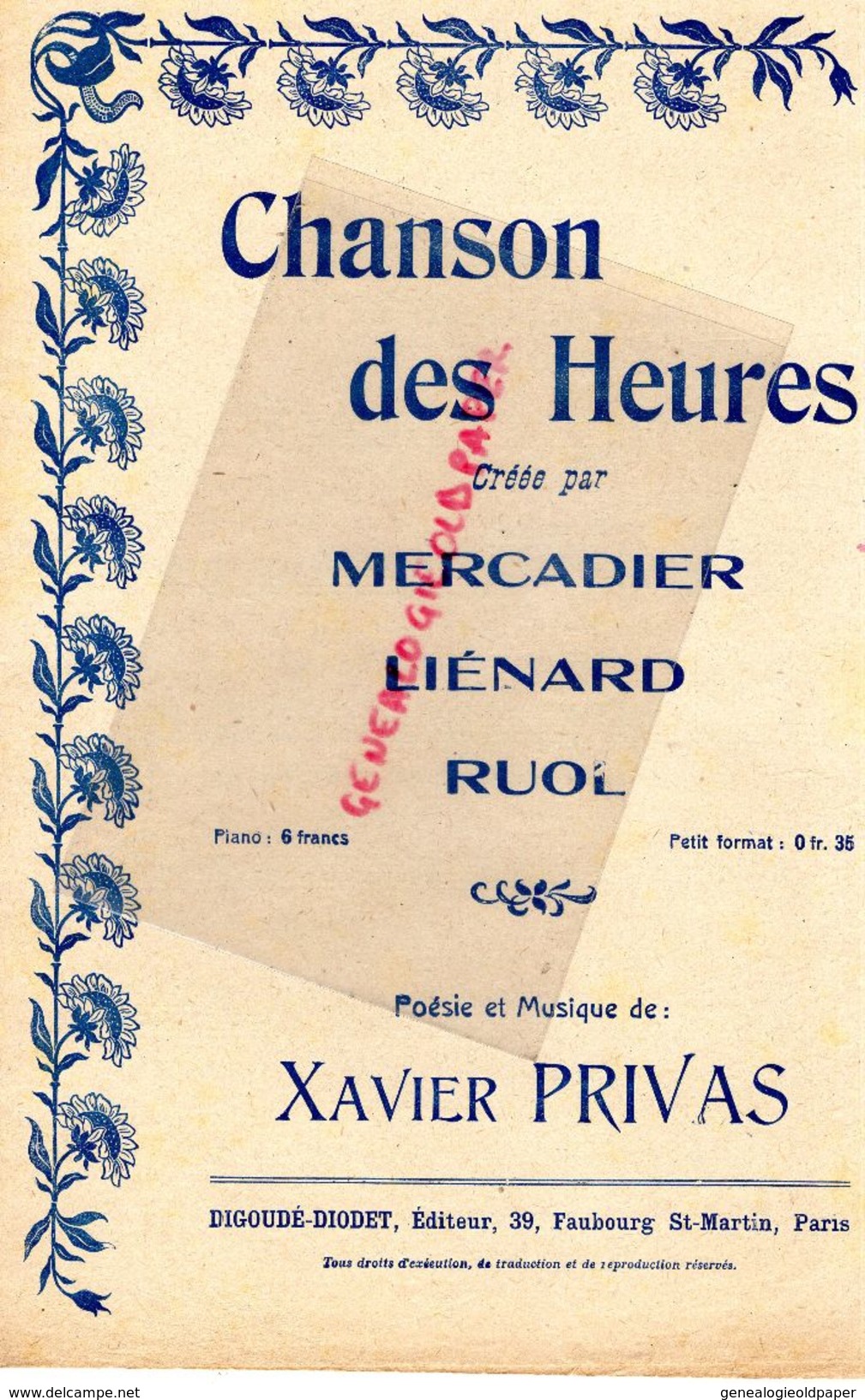 PARTITION MUSIQUE-CHANSON DES HEURES- MERCADIER-LIENARD-RUOL- XAVIER PRIVAS -PARIS DIGOUDE DIODET - Partitions Musicales Anciennes