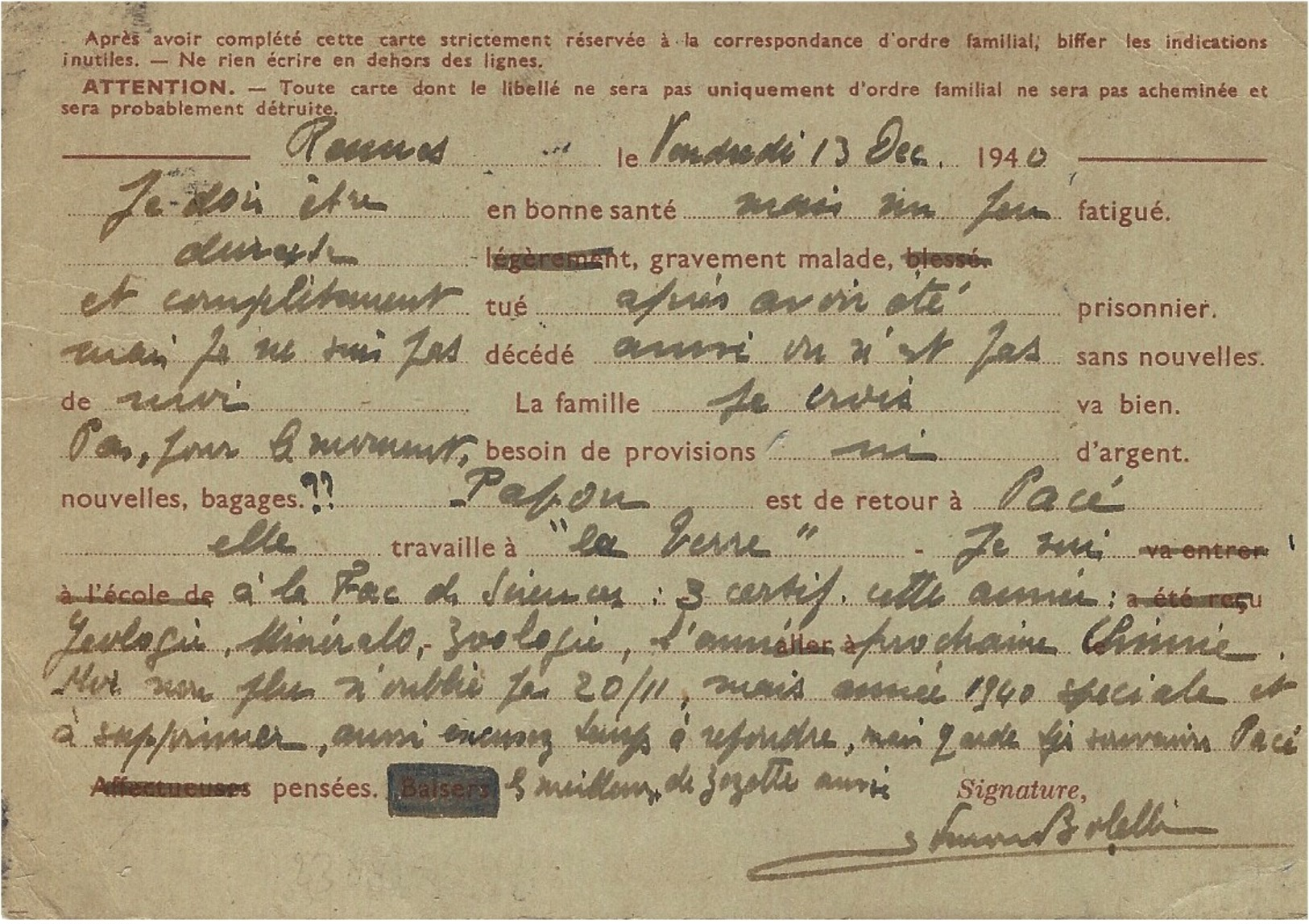 1940- E P Interzone   Iris Sans Valeur De Rennes  Pour Marseille Avec INADMIS ( Type Hourriez Lisible ) - Guerre De 1939-45