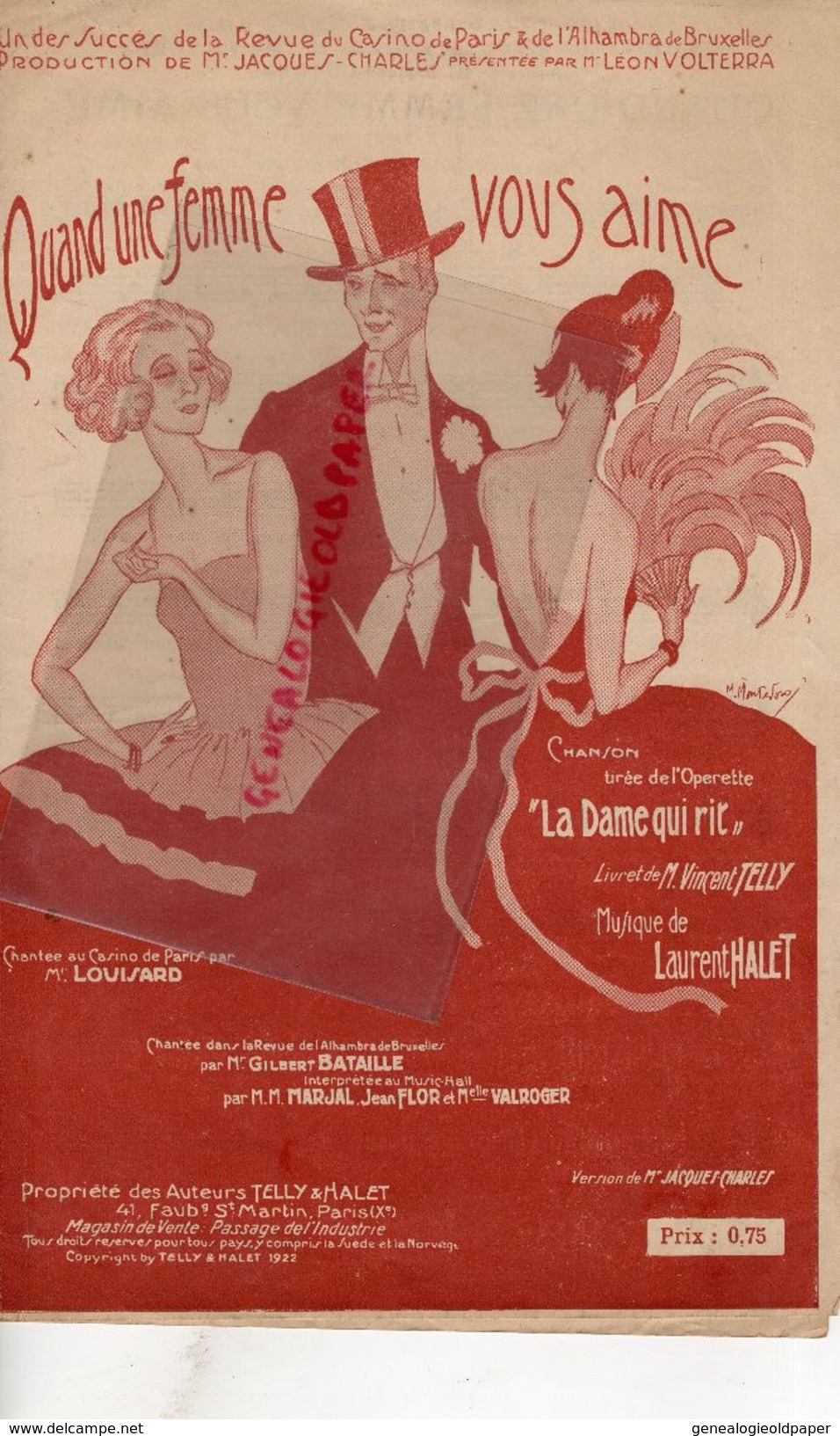 PARTITION MUSIQUE-QUAND UNE FEMME VOUS AIME-CASINO PARIS PAR LOUISARD- OPERETTE LA DAME QUI RIT-ALHAMBRA BRUXELLES 1922 - Partitions Musicales Anciennes