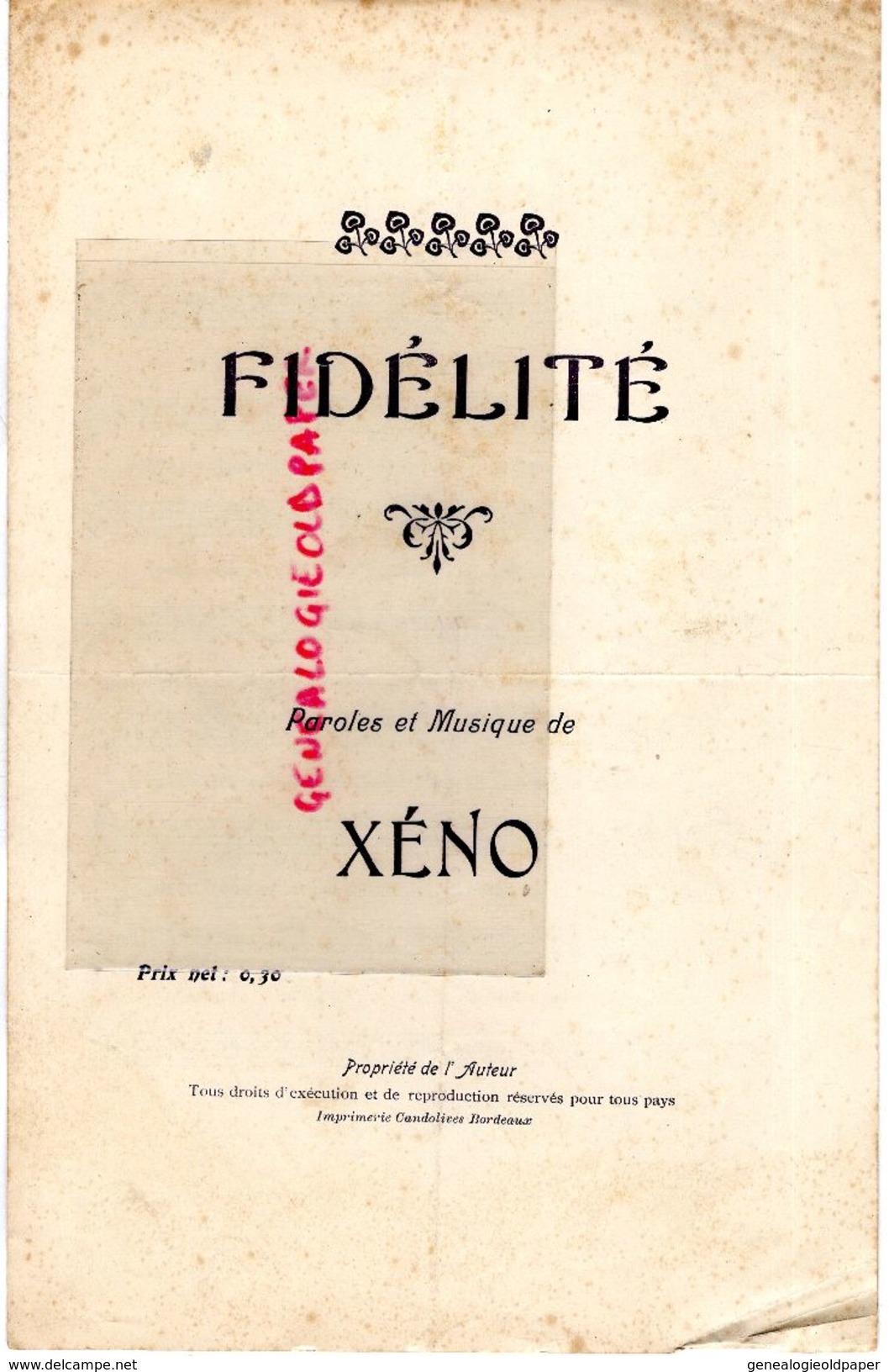 33- BORDEAUX- RARE PARTITION MUSIQUE- FIDELITE- XENO IMPRIMERIE CANDOLIVES - Scores & Partitions