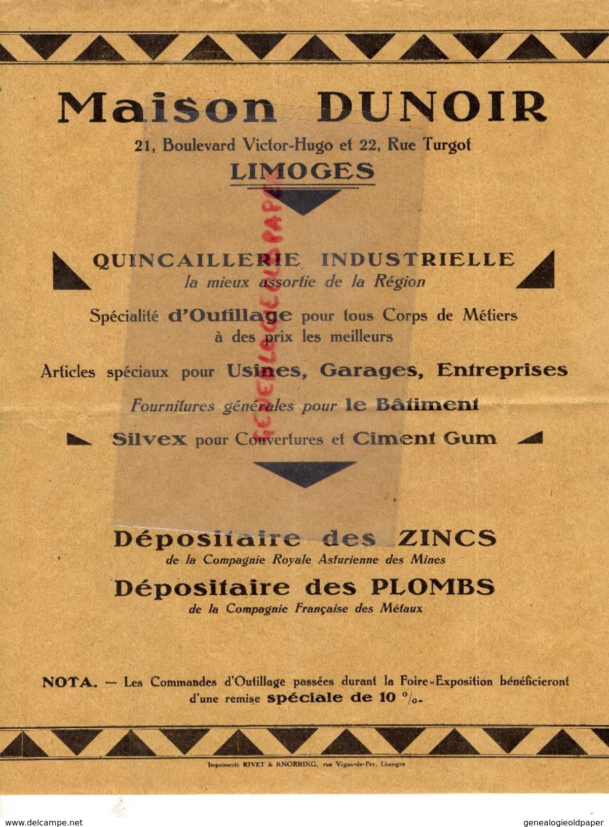 87- LIMOGES- PUBLICITE MAISON DUNOIR-21 BD. VICTOR HUGO 22 RUE TURGOT-QUINCAILLERIE INDUSTRIELLE-ZINC-IMPRIMERIE RIVET - Publicités