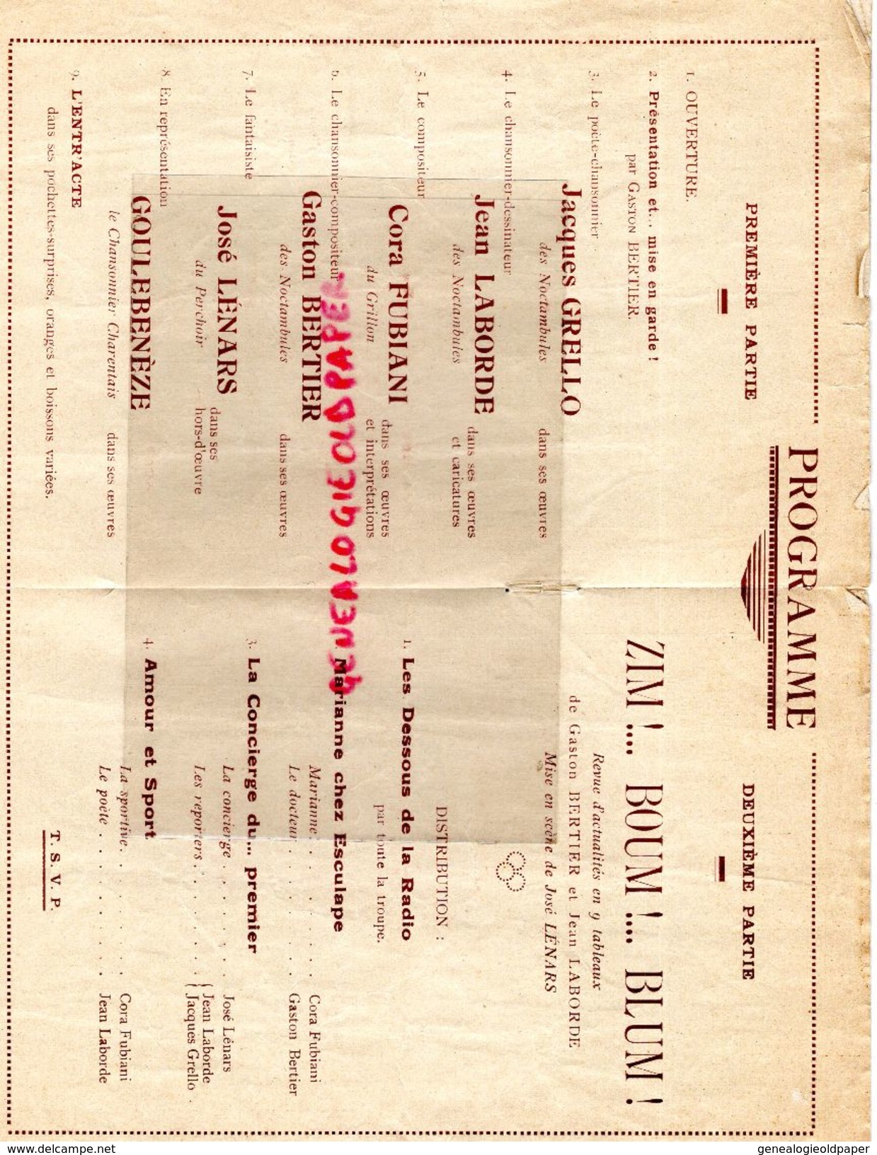 16- CONFOLENS-RARE PROGRAMME CHANSONNIERS MONTMARTRE-SALLES DES FETES 16 -11-1935-MARCEL LUCAS-JEAN LABORDE-GOULEBENEZE- - Programmes