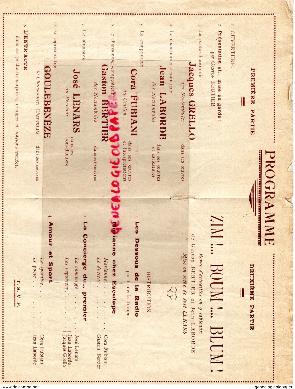 16- CONFOLENS-RARE PROGRAMME CHANSONNIERS MONTMARTRE-SALLES DES FETES 16 -11-1935-MARCEL LUCAS-JEAN LABORDE-GOULEBENEZE- - Programme