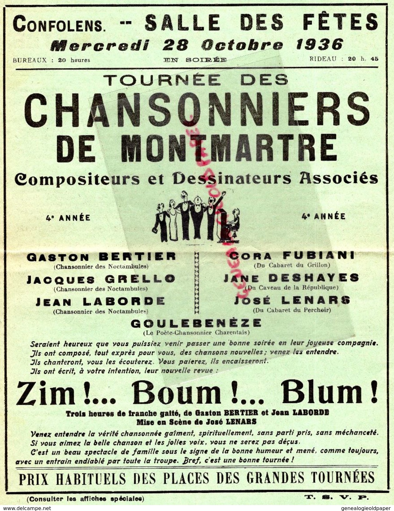 16- CONFOLENS-RARE PROGRAMME CHANSONNIERS MONTMARTRE-SALLES DES FETES 28-10-1936-BERTIER-GRELLO-LABORDE-GOULEBENEZE- - Programme