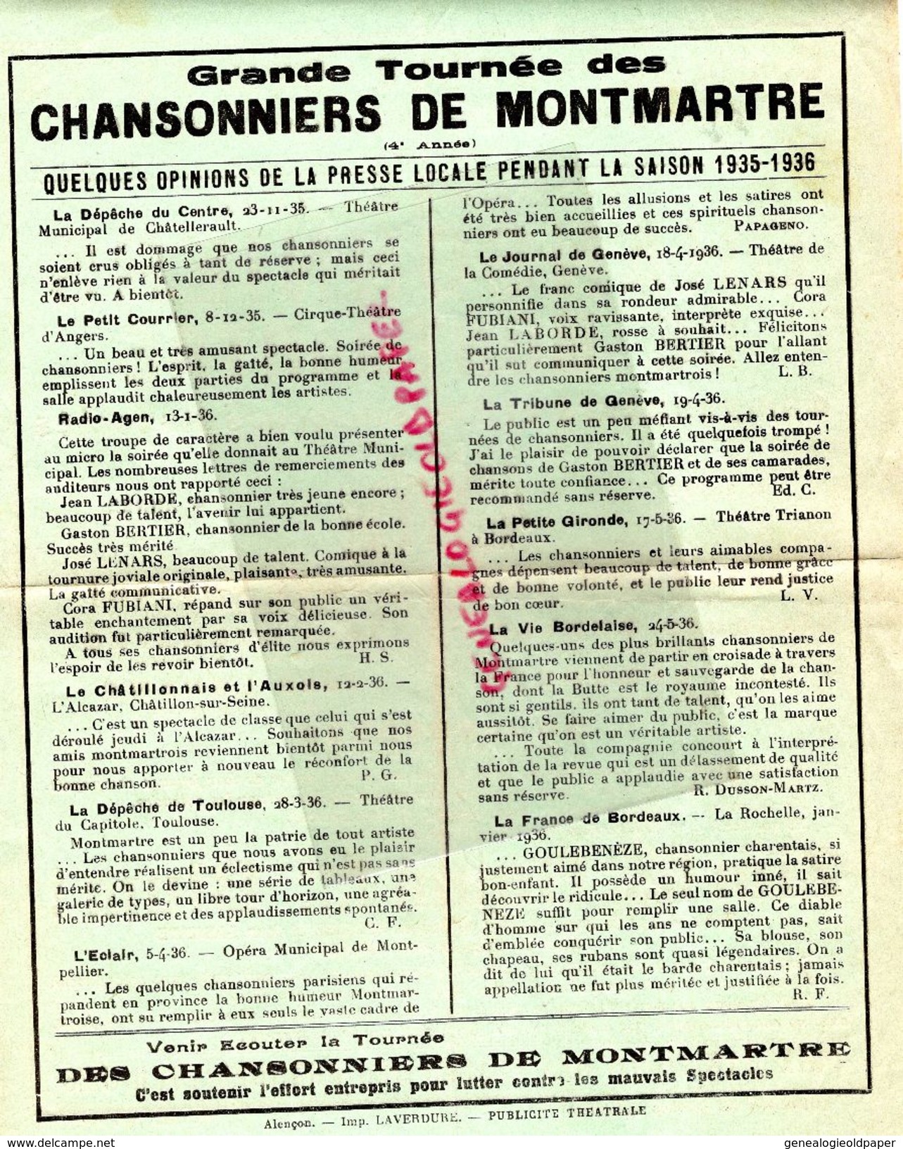 16- CONFOLENS-RARE PROGRAMME CHANSONNIERS MONTMARTRE-SALLES DES FETES 28-10-1936-BERTIER-GRELLO-LABORDE-GOULEBENEZE- - Programma's