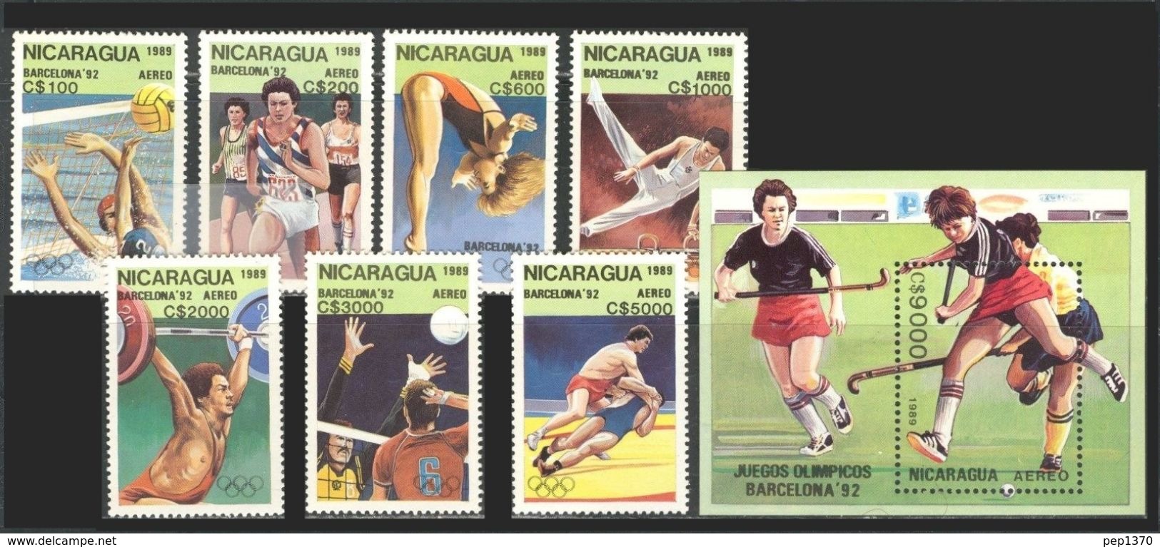 NICARAGUA 1989 - OLYMPICS BARCELONA 92 - YVERT Nº A 1300-06 + HB 192** MICHEL 2959-65 + BLOCK 186 - SCOTT C1188-94+C1195 - Water-Polo