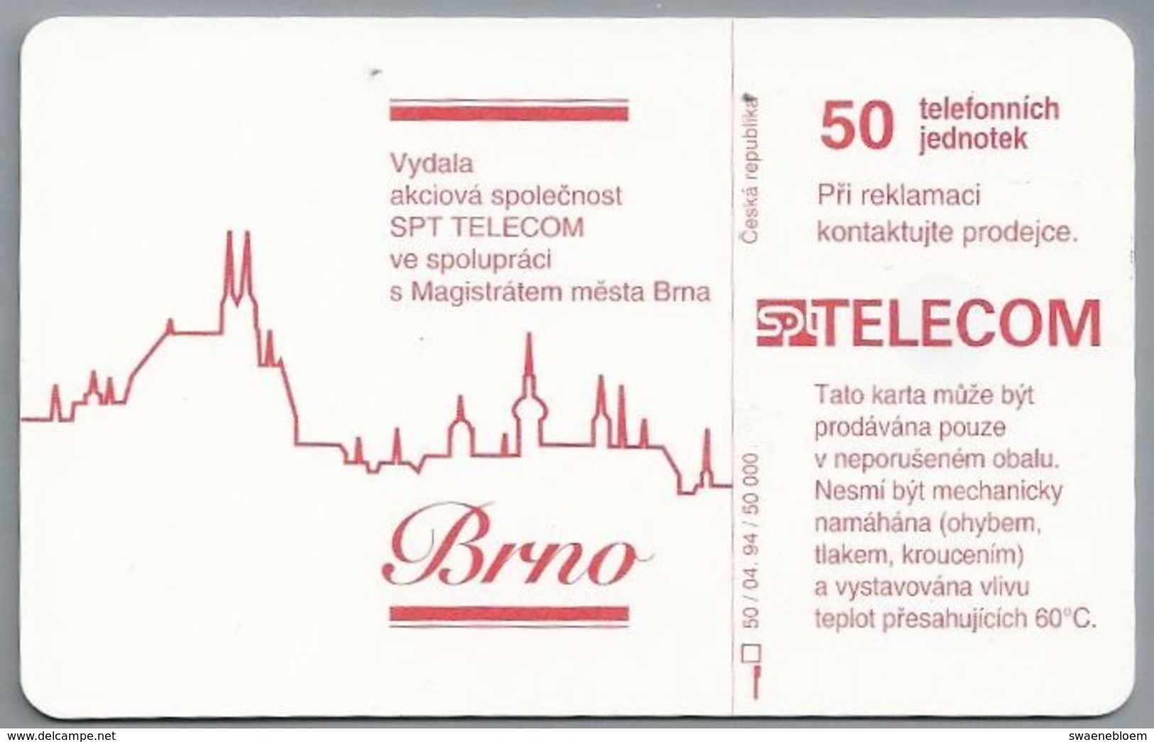 CZ.- Telefoonkaart. Tsjechië. SPT TELEKOM. BRNO.  2 Scans - Tsjechië